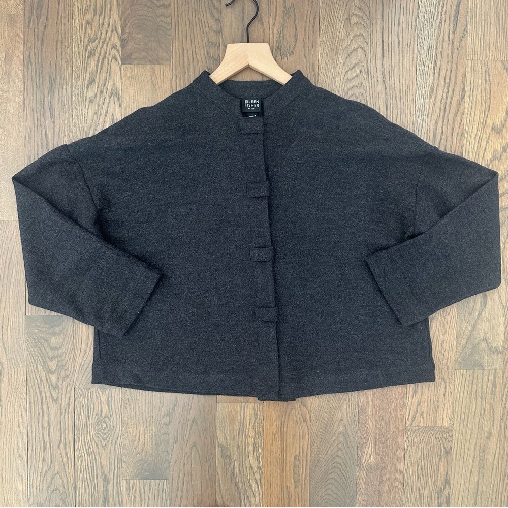 Eileen Fisher Petite Boiled Wool Long Sleeve Crop Button Front Top Charcoal SP